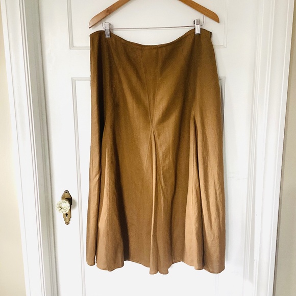 Women's 18 Long Linen Blend Skirt Butterfly A-Line Modest Camel Brown Zipper - Picture 1 of 12
